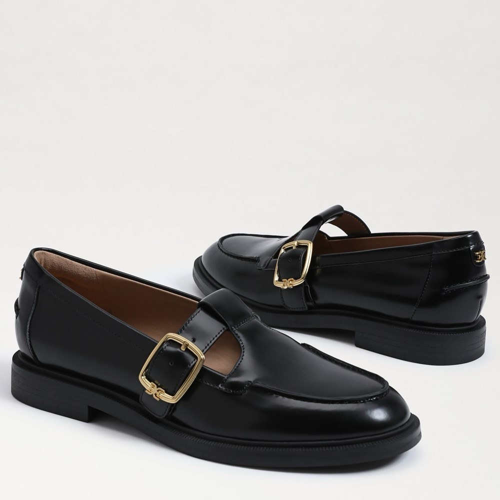 Sam Edelman Black Loafers with Gold Buckle Mary Jane